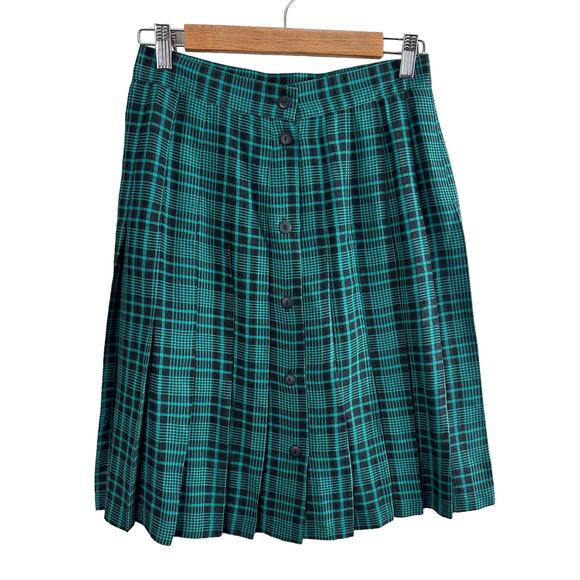 Vintage Technics Teal Green Black Plaid Pleated Button Midi Skirt 8 S Small 90s - Picture 2 of 8